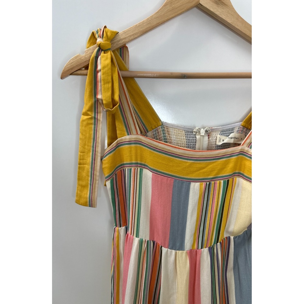 By Together Striped Tiered Maxi Dress Yellow Small Tie Shoulder Boho Whimsical - Picture 5 of 15